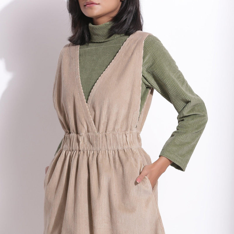 Front Detail of a Model wearing Taupe Beige Cotton Corduroy Pinafore Dress