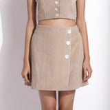 Front Detail of a Model wearing Taupe Beige Warm Cotton Corduroy Short Overlap Skirt