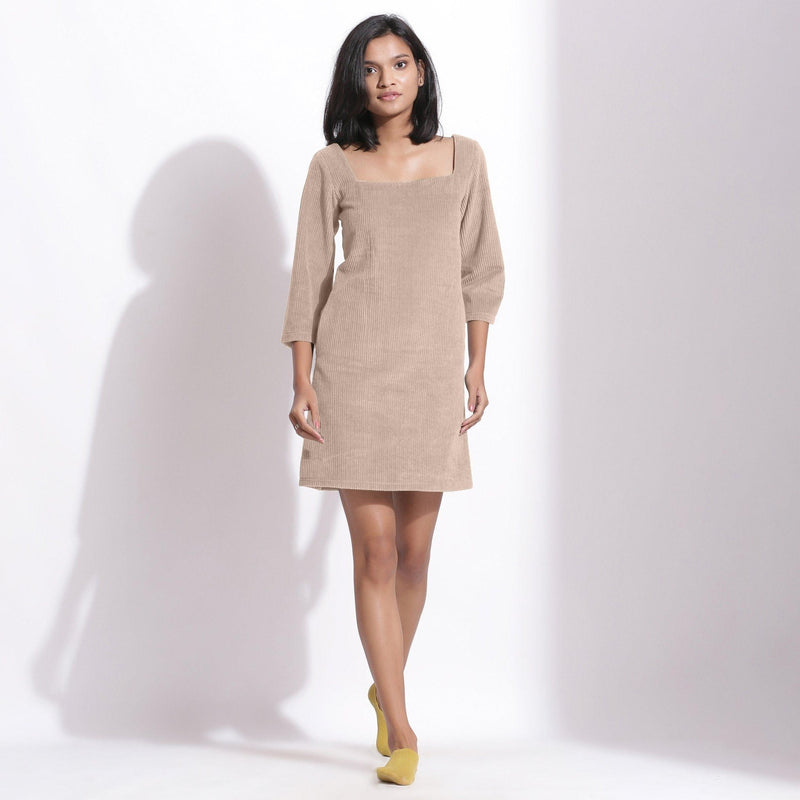 Front View of a Model wearing Taupe Beige Cotton Corduroy Square Neck Dress