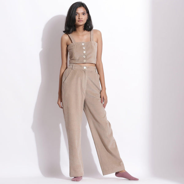 Front View of a Model wearing Beige Corduroy Wide-Legged Trouser Pant