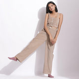 Front View of a Model wearing Beige Corduroy Wide-Legged Trouser Pant