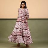 Front View of a Model wearing Taupe Shibori Tie-Dye Cotton Ankle Length Tier Bohemian Dress