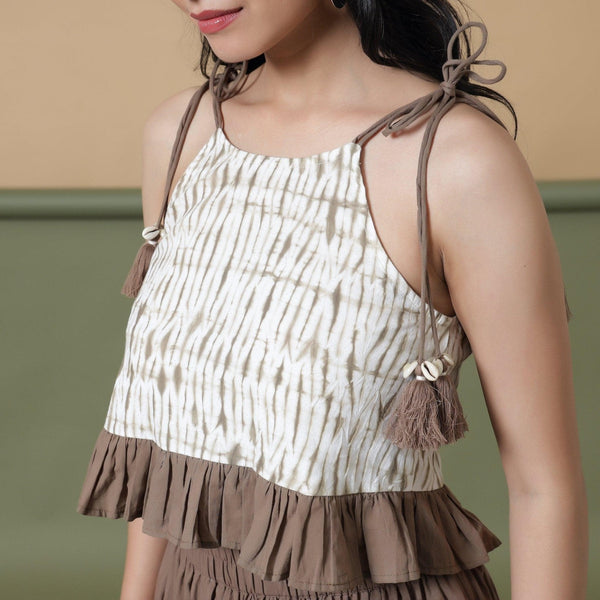 Front Detail of a Model wearing Taupe Shibori Tie Dye Camisole Top