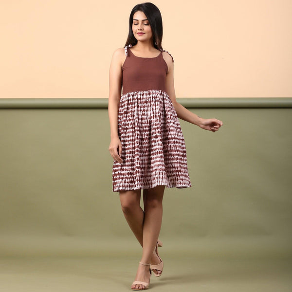 Front View of a Model wearing Taupe Shibori Tie-Dye Cotton Gathered Short Dress