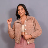 Front View of a Model wearing Taupe Warm Cotton Corduroy Short Bomber Jacket