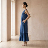 Teal 100% Cotton A-Line Deep Neck Sleeveless Maxi Tier Dress