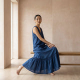 Teal 100% Cotton A-Line Deep Neck Sleeveless Maxi Tier Dress