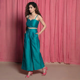 Left View of a Model wearing Teal 100% Cotton Chanderi Split Neck Crop Top