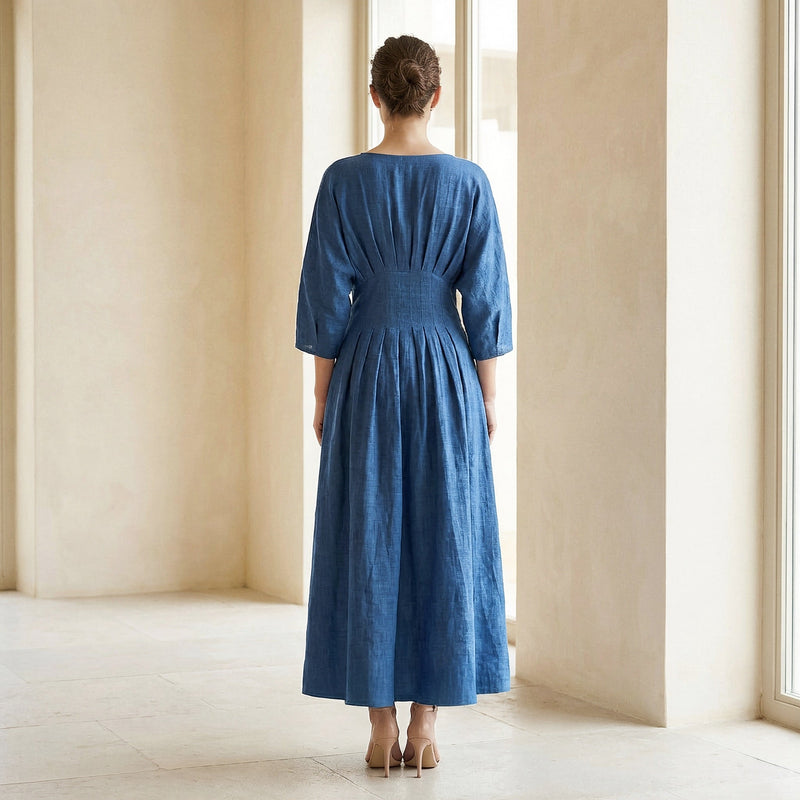 Teal 100% Cotton Cinched Waist Flared Maxi Dress Custom Size (Free) / Regular (5'2