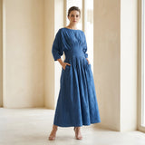 Teal 100% Cotton Cinched Waist Flared Maxi Dress