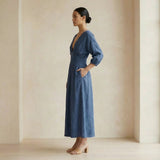 Teal 100% Cotton Deep-V Neck Empire Waist Maxi Dress