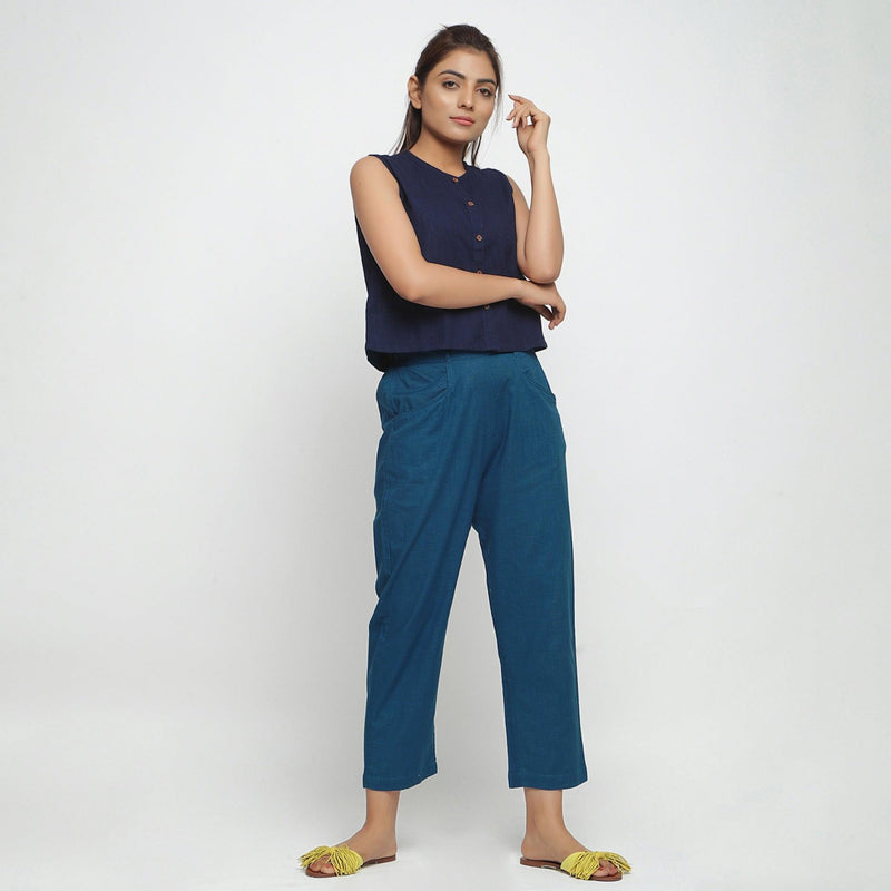 Front View of a Model wearing Teal Ankle Length Mid-Rise Chinos