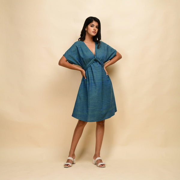 Front View of a Model wearing Teal 100% Cotton Khadi Blouson Dress