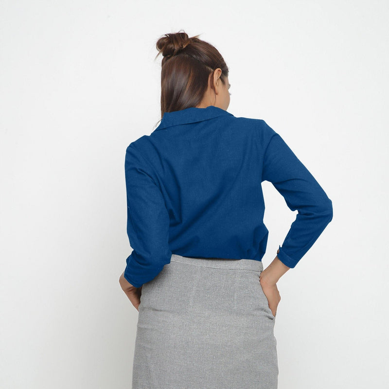 Back View of a Model wearing Teal 100% Cotton Peter Pan Collar Shirt