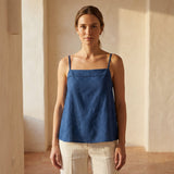 Teal 100% Cotton Spaghetti Strap Top with Elastic Gathered Back