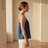 Teal 100% Cotton Spaghetti Strap Top with Elastic Gathered Back