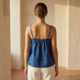 Teal 100% Cotton Spaghetti Strap Top with Elastic Gathered Back