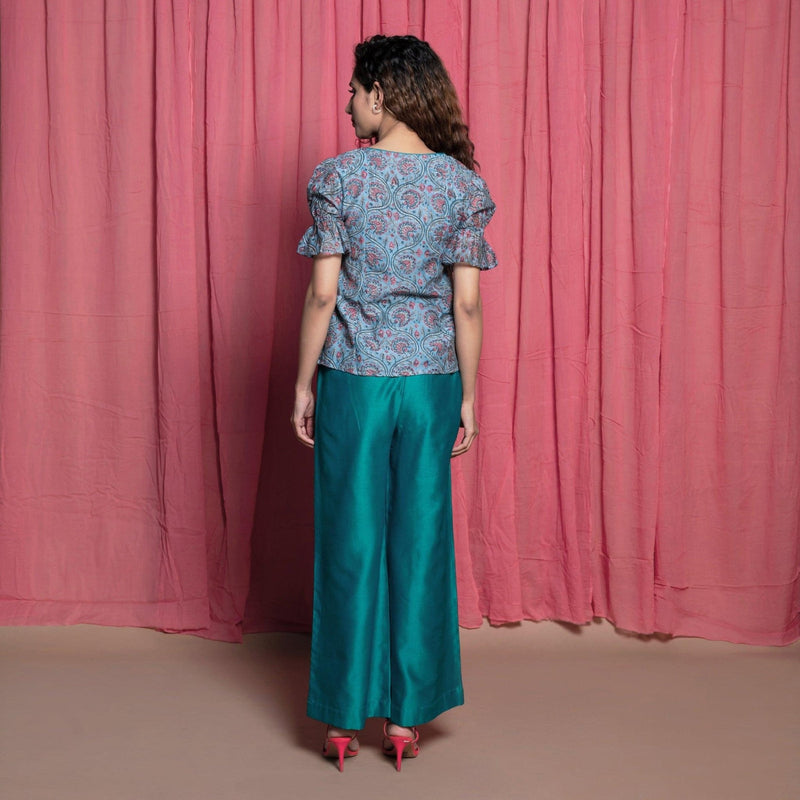 Back View of a Model wearing Teal Hand Block Printed Chanderi Paneled Top