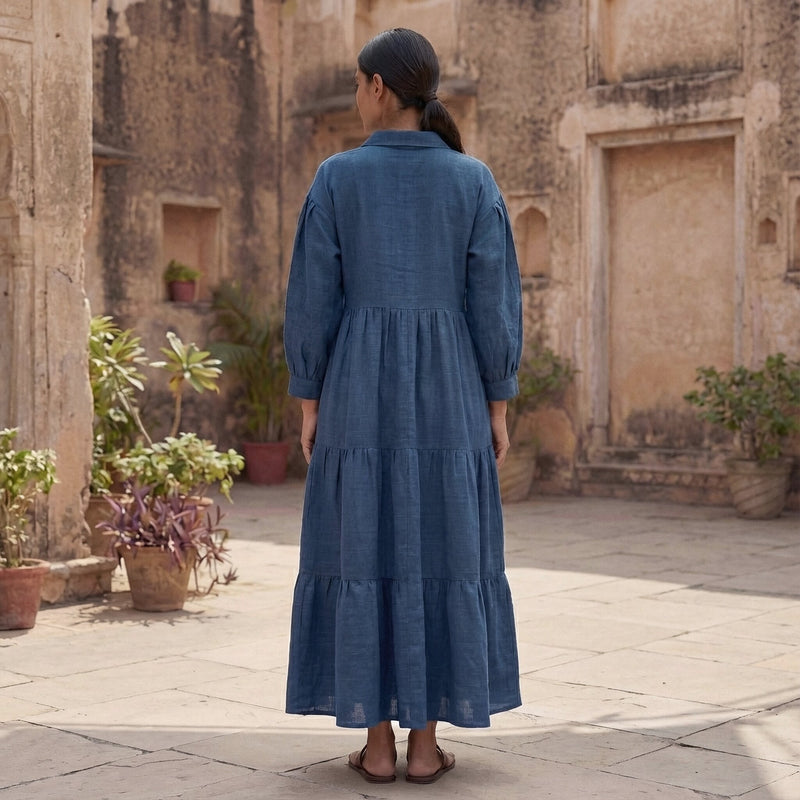 Teal Blue 100% Cotton Ankle Length Button-Down Tier Dress 60" / Tall (5'7" and above) Teal Blue 100% Cotton Ankle Length Button-Down Tier Dress 60" / Tall (5'7" and above)