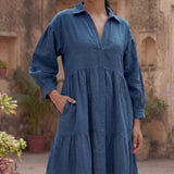 Teal Blue 100% Cotton Ankle Length Button-Down Tier Dress