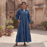 Teal Blue 100% Cotton Ankle Length Button-Down Tier Dress