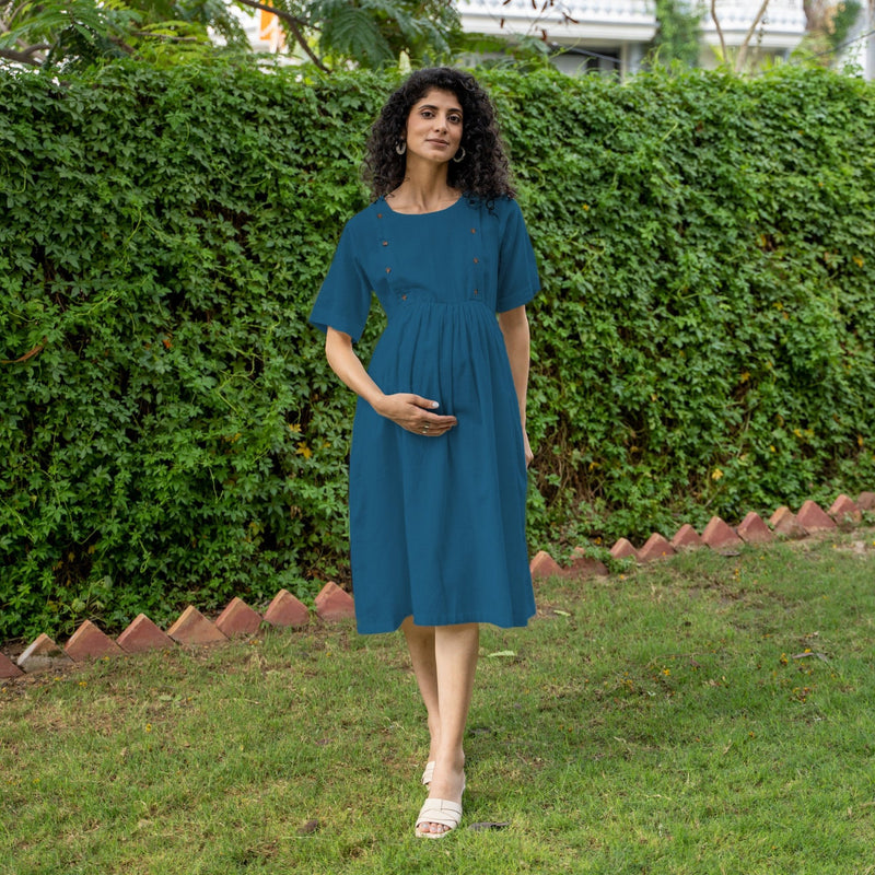 Buy Teal Blue 100% Cotton Button-Down Knee Length Pre and Post Maternity Dress Online at SeamsFriendly Buy Teal Blue 100% Cotton Button-Down Knee Length Pre and Post Maternity Dress Online at SeamsFriendly