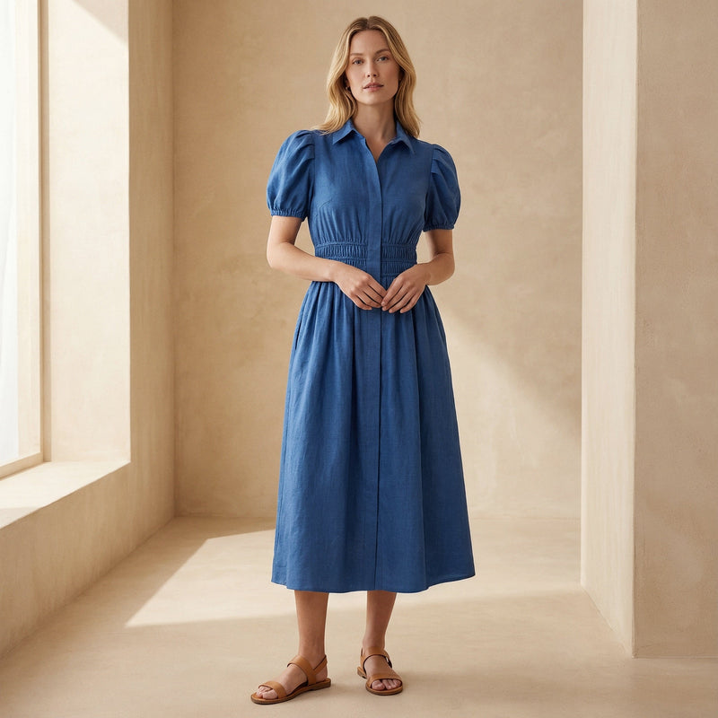 Teal Blue 100% Cotton Button-Down Midi Shirt Dress 40" / Tall (5'7" and above) Teal Blue 100% Cotton Button-Down Midi Shirt Dress 40" / Tall (5'7" and above)