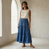 Teal Blue 100% Cotton Elasticated Maxi Tier Skirt