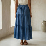 Teal Blue 100% Cotton Elasticated Maxi Tier Skirt