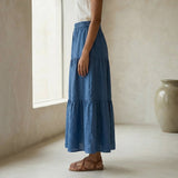 Teal Blue 100% Cotton Elasticated Maxi Tier Skirt