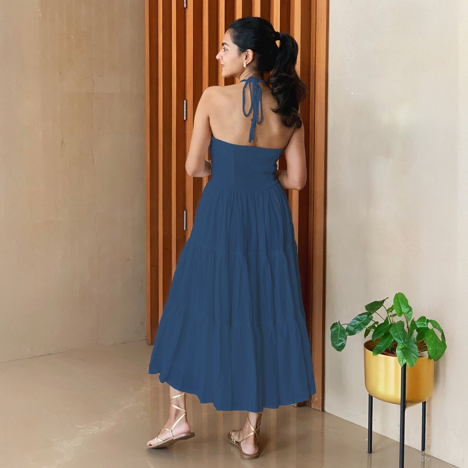 Teal Blue 100% Cotton Halter Neck Tier Midi Dress 66" / Custom Height (Free) Teal Blue 100% Cotton Halter Neck Tier Midi Dress 66" / Custom Height (Free)