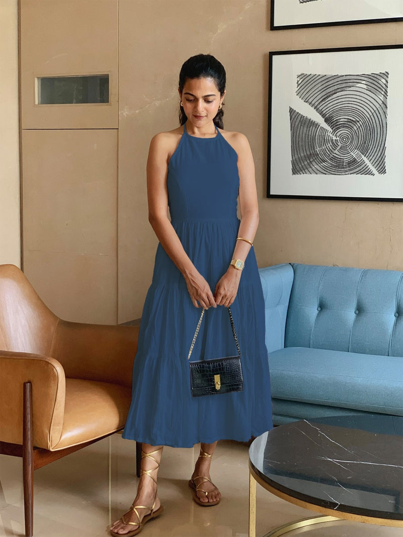 Teal Blue 100% Cotton Halter Neck Tier Midi Dress 66" / Custom Height (Free) Teal Blue 100% Cotton Halter Neck Tier Midi Dress 66" / Custom Height (Free)