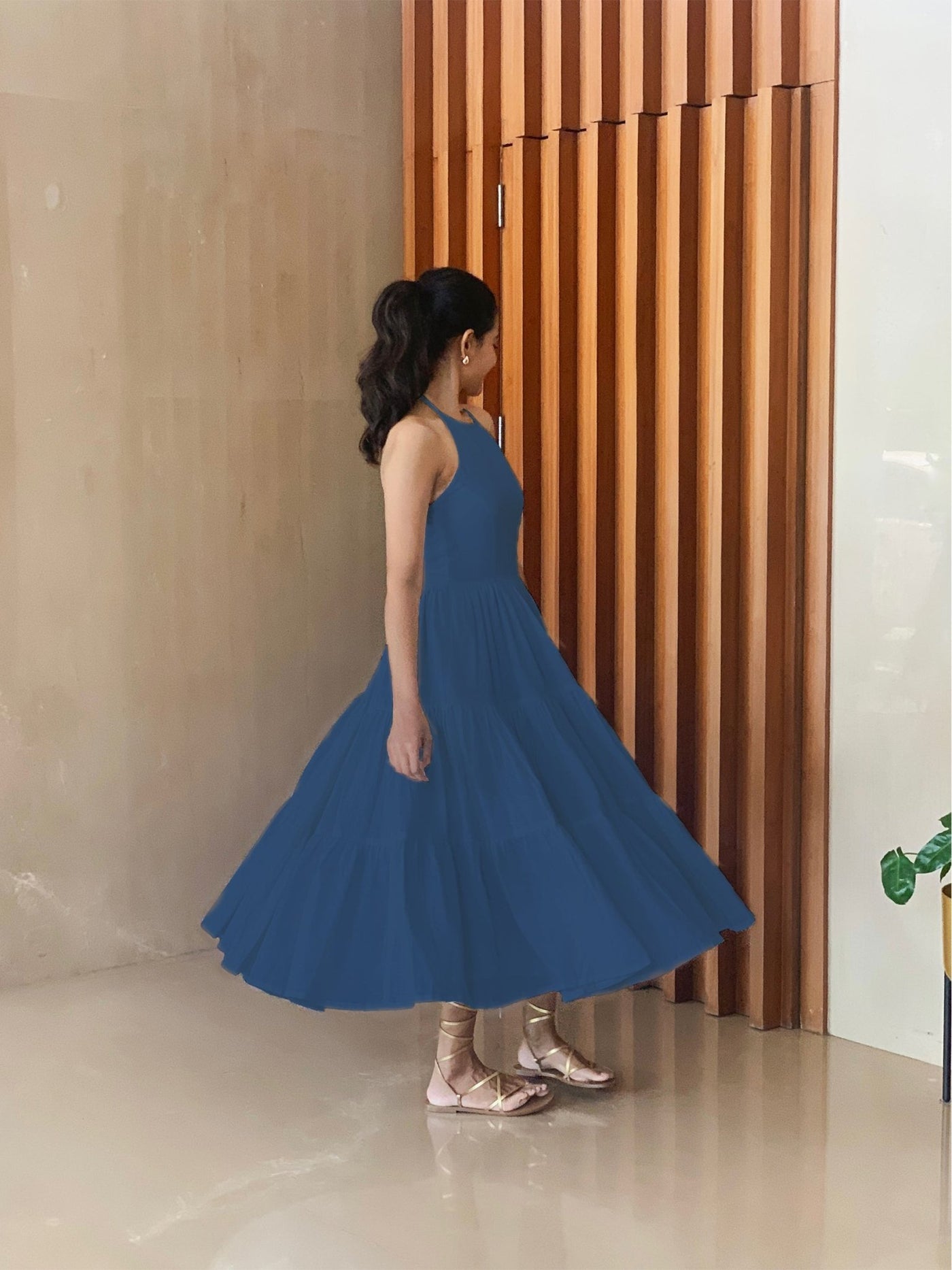teal halter dress Blue 100% Cotton Neck Tier Midi 66