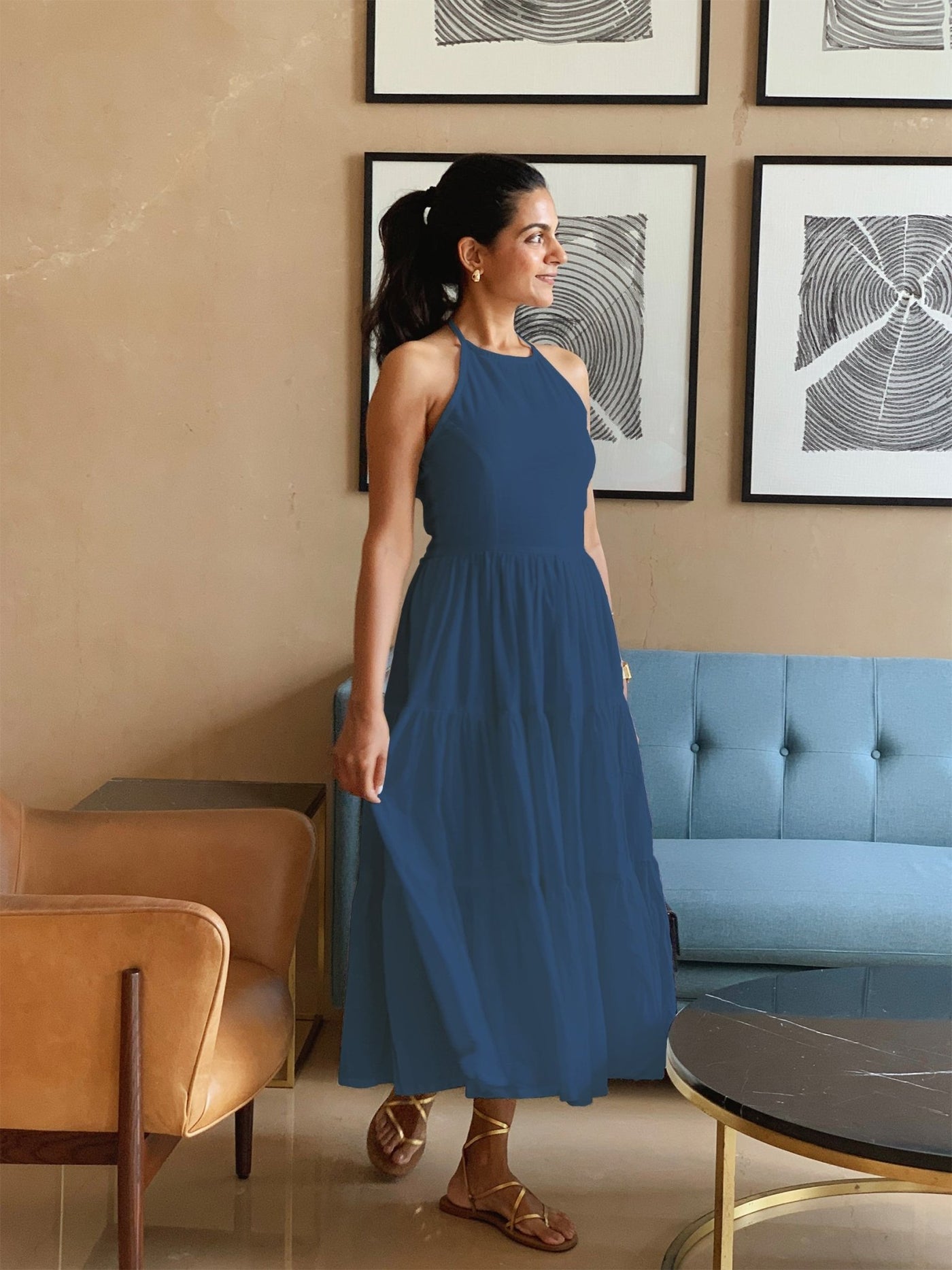 Teal Blue 100% Cotton Halter Neck Tier Midi Dress 66" / Custom Height (Free) Teal Blue 100% Cotton Halter Neck Tier Midi Dress 66" / Custom Height (Free)