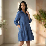 Teal Blue 100% Cotton Short Shirt Dress
