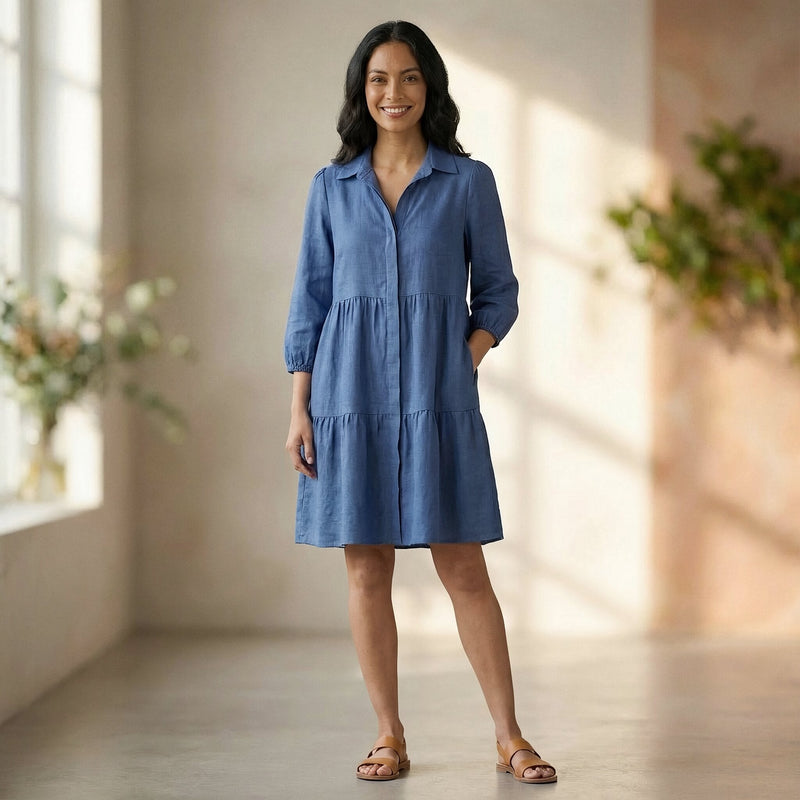 Teal Blue 100% Cotton Short Shirt Dress 50" / Tall (5'7" and above)