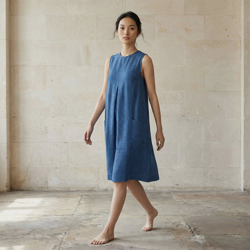 Teal Blue 100% Cotton Sleeveless Paneled Swing Dress 28