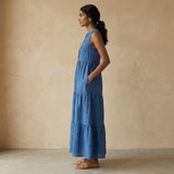 Teal Blue 100% Cotton V-Neck Maxi Tier Dress