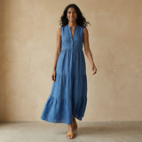 Teal Blue 100% Cotton V-Neck Maxi Tier Dress