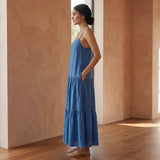 Teal Blue Cotton Drop-Waist Camisole Maxi Tier Dress