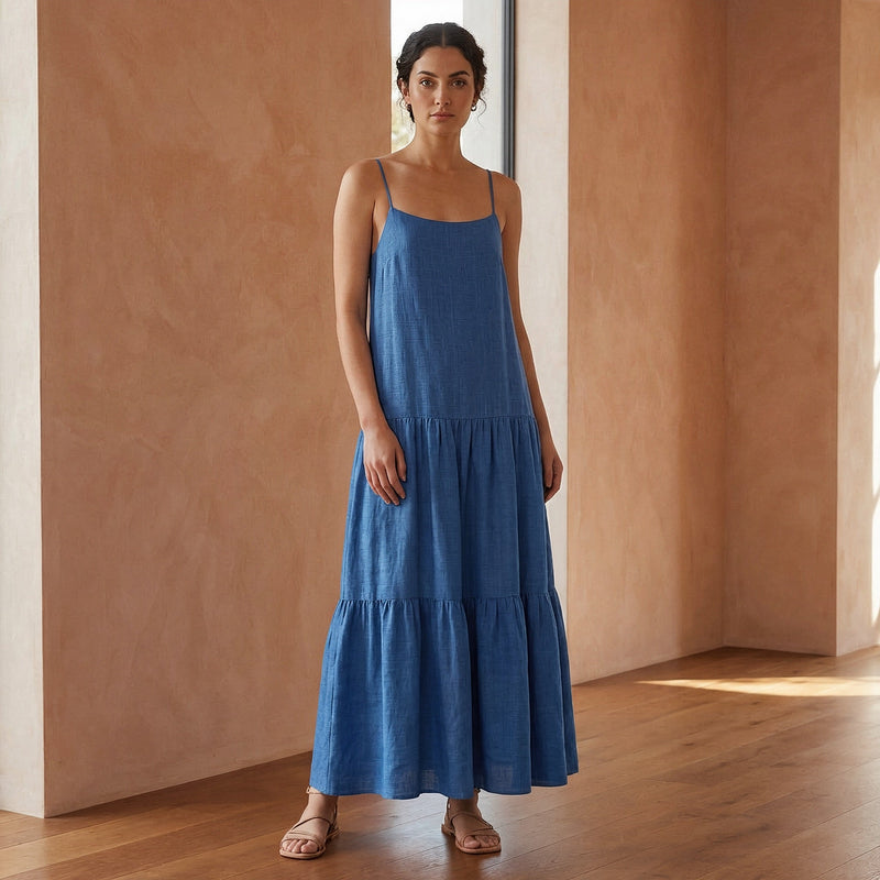 Teal Blue Cotton Drop-Waist Camisole Maxi Tier Dress 50