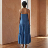 Teal Blue Cotton Drop-Waist Camisole Maxi Tier Dress