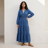 Teal Blue Cotton Fit and Flare Maxi Tier Dress