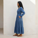 Teal Blue Cotton Fit and Flare Maxi Tier Dress