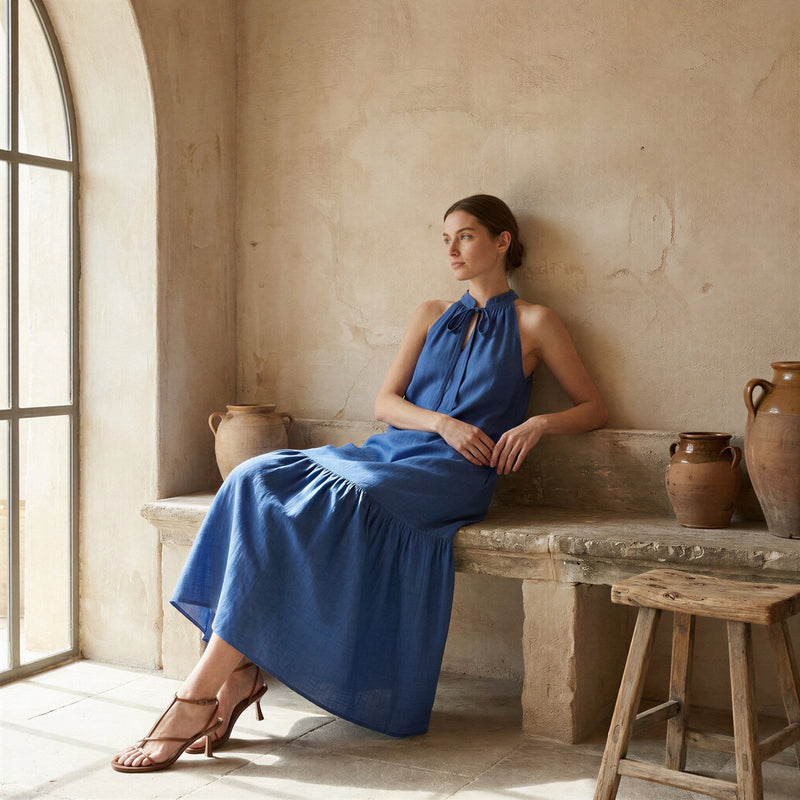 Buy Teal Blue Cotton Halter-Neck Sleeveless Midi Tier Dress Online at  SeamsFriendly