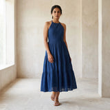 Teal Blue Cotton Halter Neck Tier Midi Dress