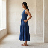 Teal Blue Cotton Halter Neck Tier Midi Dress