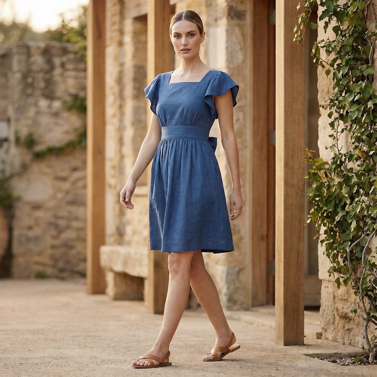open back knee length dress Teal Blue Cotton Open-Back Fit and Flare Knee Length Dress Custom Size (Free) / Custom Height (Free)