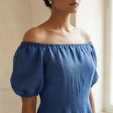 Teal Blue Cotton Puff Sleeves Off-Shoulder Midi Dress