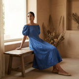 Teal Blue Cotton Puff Sleeves Off-Shoulder Midi Dress